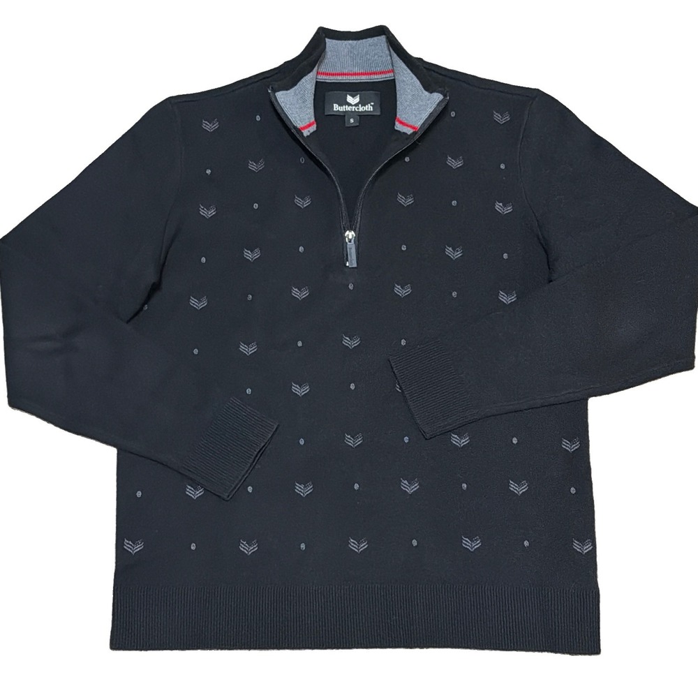 Buttercloth Men's Small Logo Embroidery Black 1/4 Zip Long Sleeve Sweater